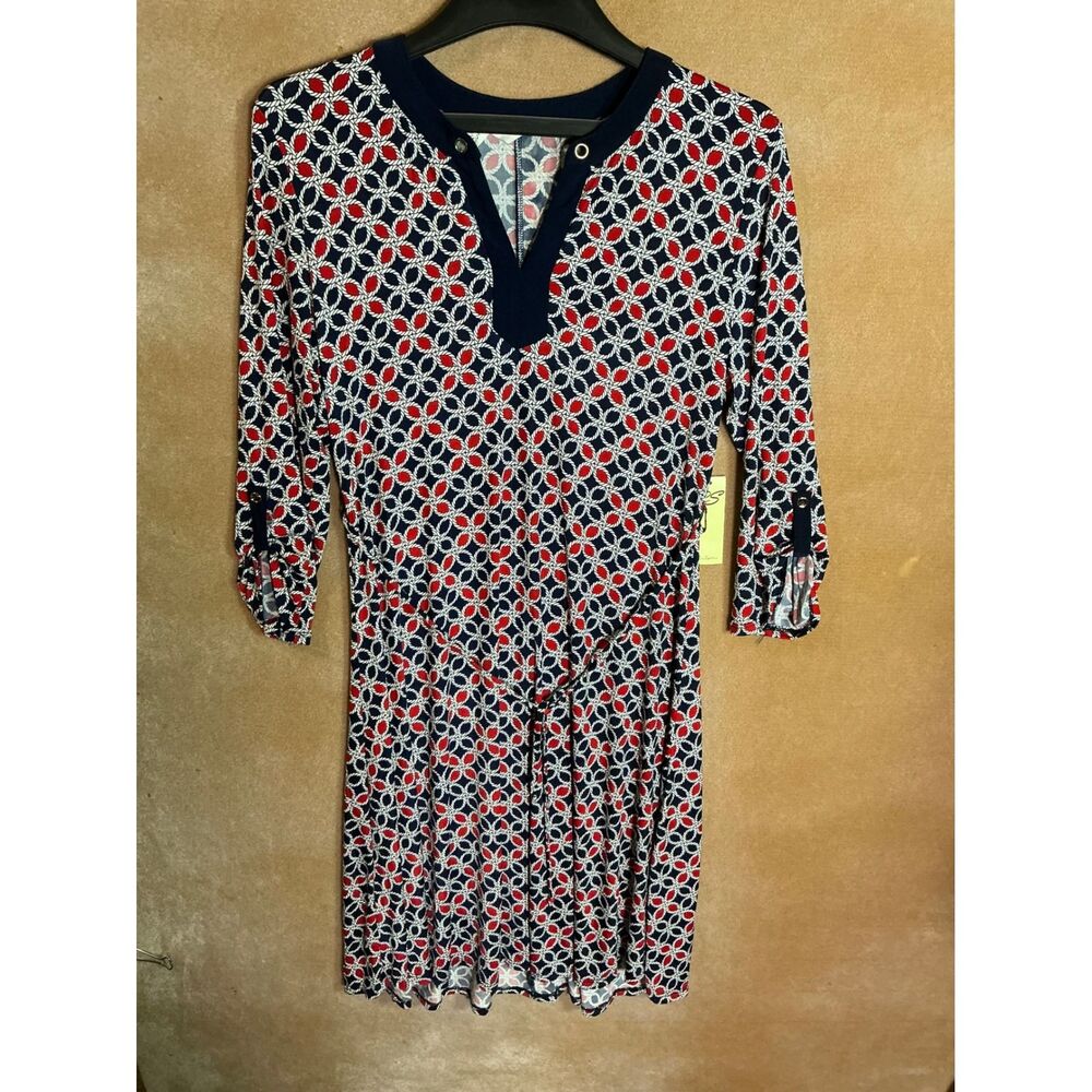 Per‎ Sption Concept Navy Red White Geometric Print V Neck Midi Dress Women L - Picture 4 of 10